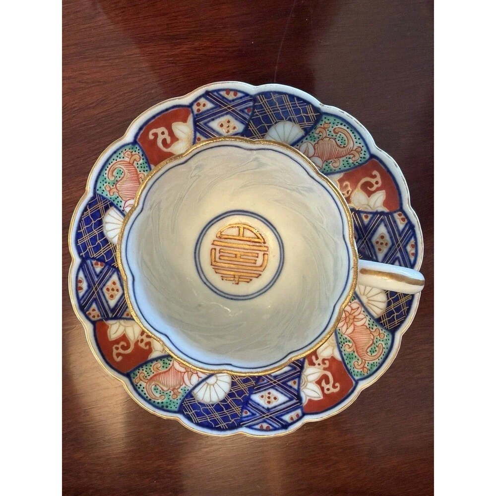 Antique Imari Demitasse Cup Saucer Plate Lot Scalloped Edge Signed